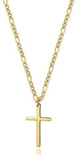 Joxevyia 14K Gold Filled Cross Necklace for Men Figaro Chain Stainless Steel Plain Polished Cross Pendant Necklace Simple Faith Jewelry Gift for Women 24