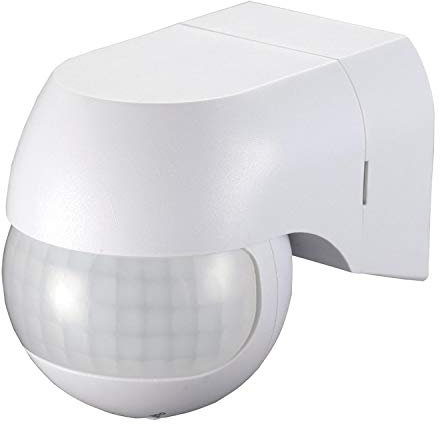 PS-TECH Rilevatore di movimento parete esterna IP44, interruttore adatto per luce LED, sensore con copertura di presenza 180° fino a 12m. a 2.5m da Altezza, termporizzatore 10 sec-15 min