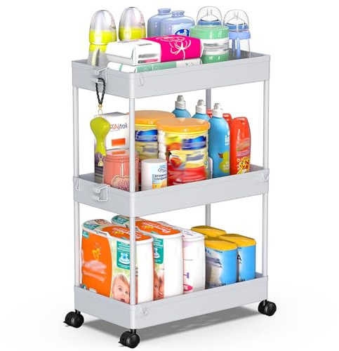 SPACEKEEPER 3 Tier Rolling Cart, Bathroom Cart Organizer with Wheels, Gray