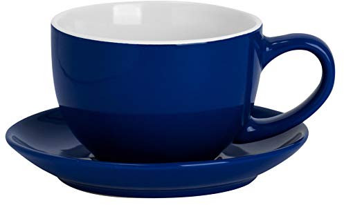 Argon Tableware Navy Cappuccino Cup with Saucer - 250ml Dishwasher Safe Gloss Stoneware Cappuccino Cups and Saucer Set Coffee Mugs with Handle and Grooved Plate
