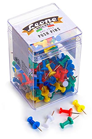 125 Push Pins med Leone Dell'Era färgad torn – genomskinlig burk – tillverkad i Italien