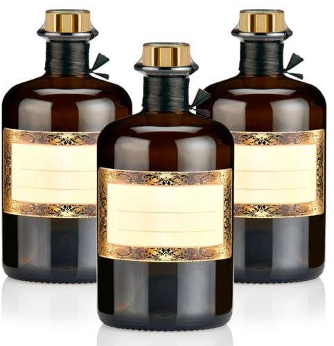 3x Apothekerflaschen braun 500ml Geschenkset mit Korken gold, Band, Kapseln & 3 Etiketten Motiv Orient, 0,5L Glasflaschen schwarz antik leer, Braunglas Flaschen für Öl, Gin uvm.