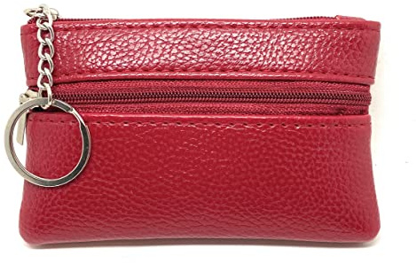 PCL Media ltd Red Mini Coin Purse Holder Wallet Leather Purses for Women Kids Minimalist Zip Pouch with Key Ring Credit Cards & Money