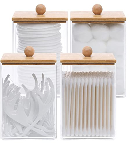 Tbestmax 12 OZ Cotton Swab/Ball/Pad Holder, Qtip Apothecary Jar, Clear Bathroom Containers Dispenser for Storage 4 Pack Wood Lids