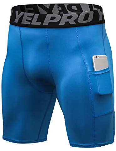Yishengwan Mallas Cortas Hombre Secado Rápido con Bolsillo Pantalones Cortos de Compresión para Correr Gimnasio Fitness Gym Azul L