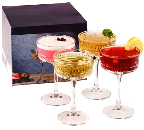 the mask el turko Juego de 4 copas vintage de copé, champán, cóctel, martini, copas de vino, cristalería de tallo largo (260 ml) (4 piezas)