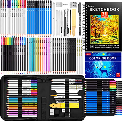 iBayam 78-Pack Drawing Set Sketching Kit Art Supplies for Adult, Christmas Gifts for Adult, with 3-Color Sketchbook, Coloring Book, Colored, Graphite, Charcoal, Watercolor & Metallic Pencil