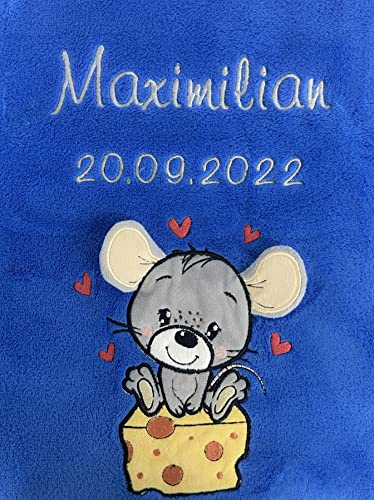 KIDDI-MEDIA Babydecke mit Name und Geburtsdatum, Blau Maus | Bestickt, kuschelig weich