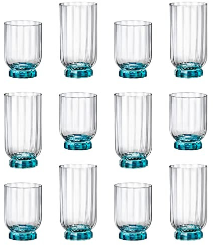 Bormioli Rocco 12pc Blue Florian Glassware Set - Mixed Glass Highball Cocktail Gin Glasses and Water Whiskey Drinking Tumblers