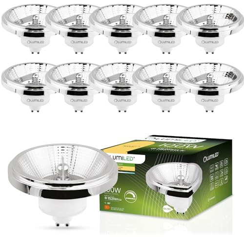 Lumiled 10x LED-Leuchtmittel ES111 GU10 Fassung dimmbar 230V 15W (Entspricht Halogen 100 Watt) Warmweiß 3000K, 24 Grad Abstrahlwinkel Silber 1521 Lumen Ra>80 Aluminium dimmbare Downlight AR111