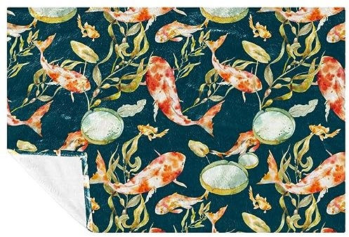 VAPOKF Gold Karpfen Fisch Seerose Pflanze Druck Weich Warm Gemütlich Decke Überwurf für Bett Couch Sofa Picknick Camping Strand, 150 × 100 cm