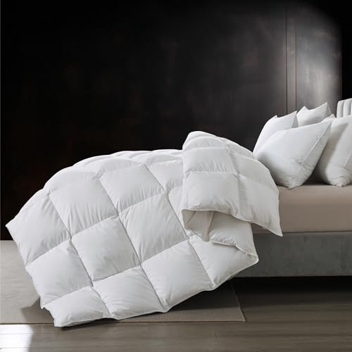 BedTreat Luxurious Goose Feathers Down Comforter Queen Size All Seasons Duvet Insert, 750 Fill Power Fluffy Medium Warmth, Ultra Soft 100% Organic Cotton Cover (90 X 90 Inch)