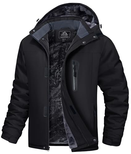 MAGCOMSEN Mens Ski Jacket Fleece Jacket Warm Hooded Winter Snow Jackets Water Resistant Snowboarding Hiking Softshell Jacket Black,M
