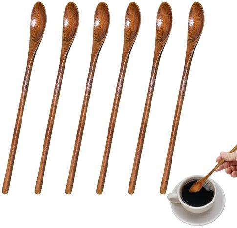 Lot de 6 cuillères longues en bois naturel pour miel, café, thé, boissons