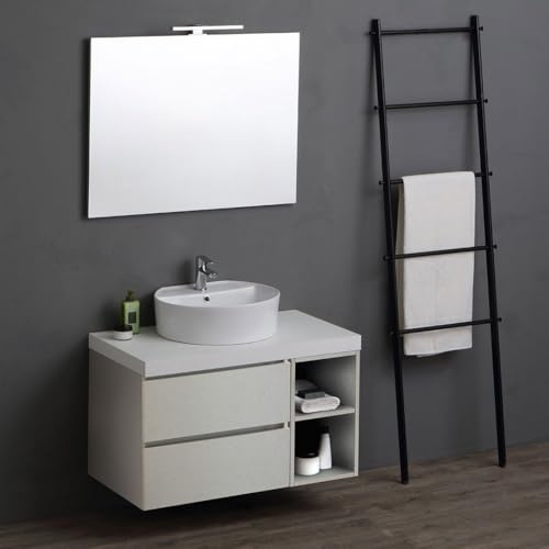 Kiamami Valentina - Mobile bagno 90cm cassetti e vano a giorno grigio perla, top bianco, lavabo d'appoggio e specchio | Valentina