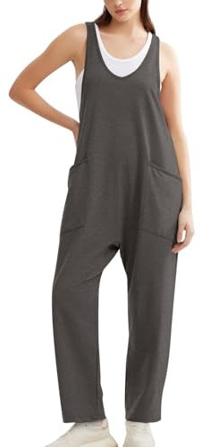 Azruma Einteiler Damen, Jeans Latzhose Damen Schutzanzug Einweg Frauen Casual Einfarbig V-Ausschnitt Ärmellose Jumpsuit Mit Große Taschen Jogging Damen Anzug Set Ganzkörper Kostüm(Dunkelgrau,XL)