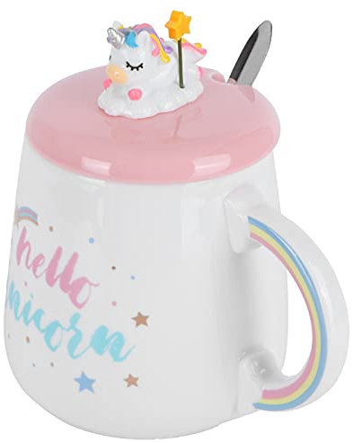 Tazza da caffè in Ceramica con Animali Carini con Coperchio per Uso Domestico e in Ufficio (Cucchiaio Hello Unicorno con coperchio)