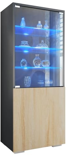 Vitrine Granada, Made in Germany, Vitrinenschrank mit Glastür und Glaseinsatz inkl. LED, Anthrazit matt/Eiche sägerau (50 x 122,5 x 34,5 cm)