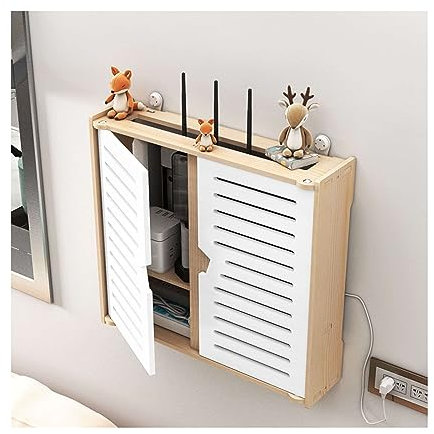 WiFi Router Storage Box With Cabinet Door - Wooden Wall-Mounted Shelf for TV Set-top Box, Decorative Power Strip Cable Management Hider