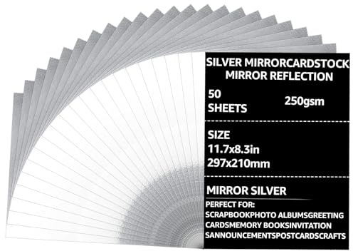 ASelected 50 Sheets Silver Mirror Card, Thick 250gsm/92Ib Metallic Card for Arts and Crafts, Mirror Foil Activity, Foil Cardstock for DIY Projects Wedding Birthday Party Decoration