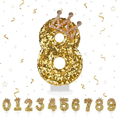 Geburtstagskerzen Krone Zahlen 8, Geburtstag gold Kerzen 8 Zahlen förmige Kerze, 3D Tortendeko, kuchen Dekoration für Geburtstag Party, Hochzeiten, Firmenfeiern, Jubiläen, Birthday Candle Nummer