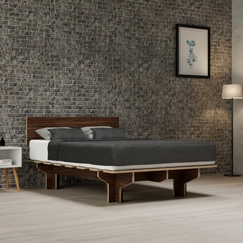 blumfeldt NordicAura Bettgestell - FSC-zertifiziertes Eukalyptusholz, Werkzeuglose Montage, Walnuss-Finish, Hohes Kopfteil mit Stauraum, Passend für Matratzen 140x200 cm