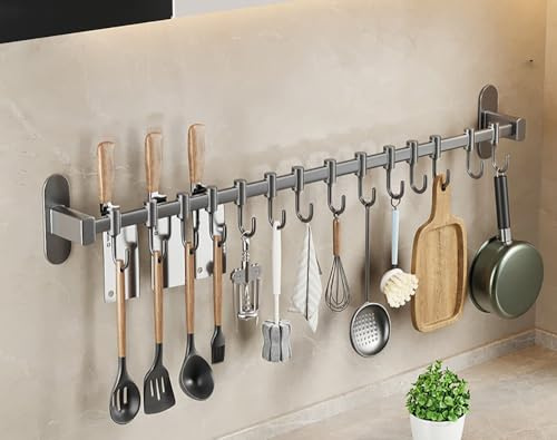 Redskapskrokar ， köksredskapsställ, aluminium kökssken väggmonterat rack med krokar arrangör kök redskap väggmonterat hängande skenställ(80cm)