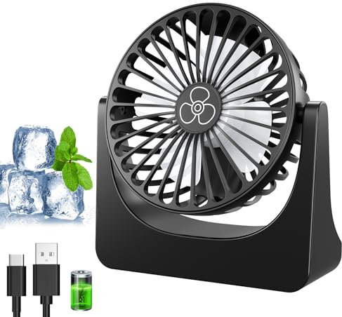 Desk Fan, USB Fan Silent Powerful Rechargeable Table Fan for Bedroom, 360° Rotation USB Desktop Fans for Office, Home, Camping, Travel, Black Portable Fans
