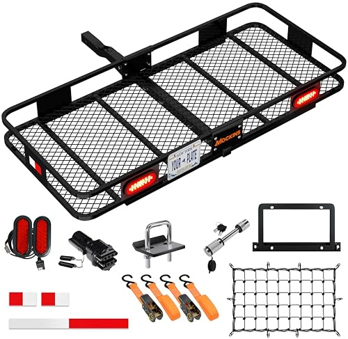 Mockins 60x20x6 Heavy Duty Trailer Hitch Cargo Carrier w/License Plate Holder, Rear Lights, & More | 500 Lbs Cap Cargo Carrier Hitch Mount Basket | Folding Luggage Rack for SUV, Car, Truck, & RV