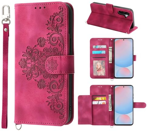 Auslbin Telefonfodral för Samsung Galaxy A56 5G 6.7 Skyddsfodral med 5 Kortplatser Vintage Stil Blomma Pu Läder Mobil Plånbok Fodral, Röd
