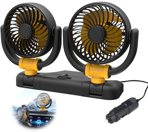 Berelin Auto-Ventilator, 12 V, Doppelkopf, 360-Grad-Drehung, tragbar, mit 2 Geschwindigkeiten, starker Wind, einsetzbar im Zigarettenanzünder für LKW, SUV, Wohnmobil