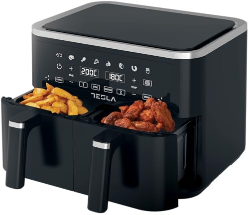Tesla AF900BSD Friteuse à air chaud, capacité 2 x 4,5 l, 2 paniers, 8 programmes, cuisson sans huile, minuterie, panneau de commande tactile, rappel automatique, circulation d'air chaud à 360 °, 80