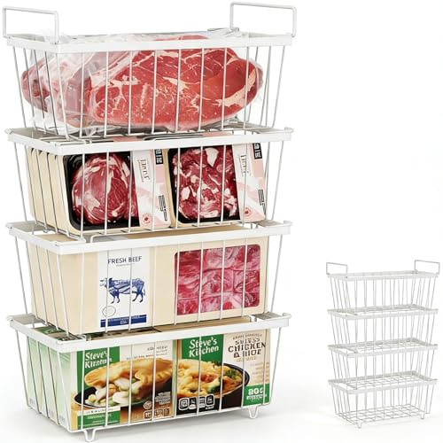 Chest Freezer Baskets, 4 Pack Stackable Freezer Storage Boxes with Handles | Hanging Refrigerator Storage Rack for Chest Ice Cream Easily Sort Get Frozen Foods Allow Air Circulation 198L Deep Freezer
