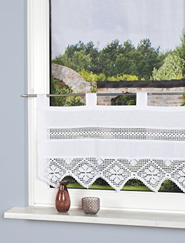 BB-Toy-Trades Landhaus - Tenda da cucina in pizzo, stile vintage, per finestra con ricamo, struttura in lino, colore bianco, 1 pezzo (altezza x larghezza): 60 x 150 cm