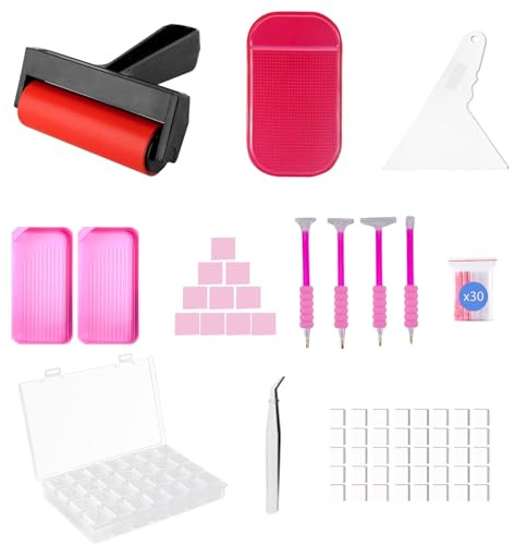 LIRUNQIU 46 PCS Diamond PaintingTools Kit, Complete Accessories Set with Anti-Slip Mat, Tweezers, Roller, Wax Pen, Storage Containers, Trays for Adults Kids Beginners Art Crafts(Pink)