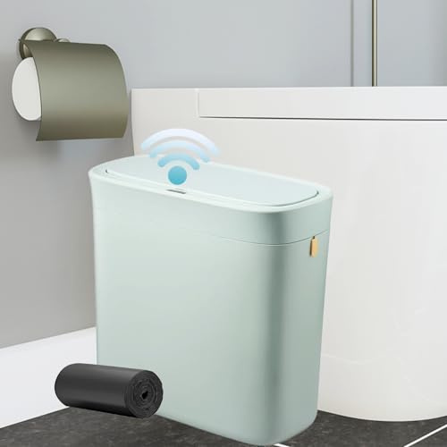 ianomla Automatischer Badezimmer Mülleimer mit Deckel, 12 l Schlanker Sensor Mülleimer, Kunststoff, Wasserdichter Bewegungssensor Eimer mit Müllbeuteln, für Schlafzimmer, Wohnzimmer, Enge Räume, Grün