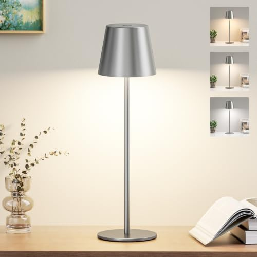 PreeOtti Tischlampe Kabellos, Akku LED Tischleuchte Touch mit 3 Farbtemperatur, Stufenlos Dimmbar, Touch Lampe mit USB-C Aufladbar für Outdoor Nachttisch Esstisch Camping(Grau)