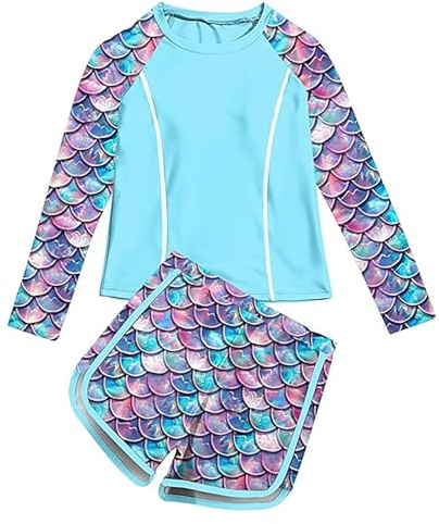 Generisch 2025 - Trajes de baño Rashguard para niña, 2 piezas, UPF 50+, traje de baño de verano de manga larga para niñas, azul claro, 7-8 años