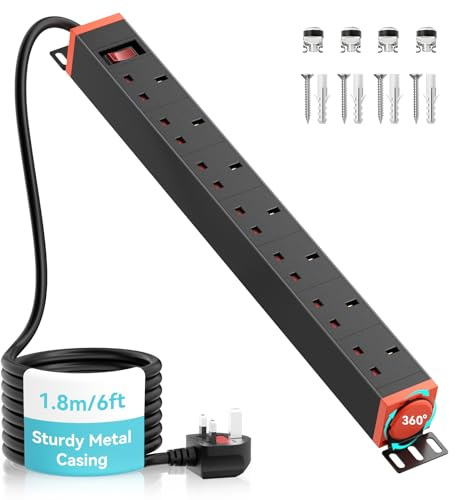 Extension Lead Power Strip 360° Rotatable Mounting Bracket, 7 Way Power Socket with Switch, Metal Housing Heavy-duty 19 Rack Mounted, Surge Protected Extension Lead for Home Office, 1.8M Cable