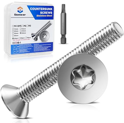 Gomeer 20 Stück M5 x 40 mm Senkkopfschrauben Torx Innensechskant aus A2 V2A Edelstahl Schrauben mit Torx Schlüssel Sechskant Schrauberkopf Norm ISO 14581 / DIN 965,für Maschinen, Möbel,Reparaturen