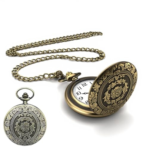 Menibeuty Montre Gousset Homme, Montres De Poche Et Goussets pour Homme, Montre A Gousset Vintage A Quartz avec Chaîne pour Hommes Femmes Papa Fête d’Anniversaire (Bronze)