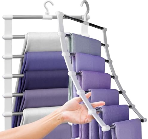 Bosmsaslad 2 Pcs Hosenbügel Platzsparend, Kleiderbügel Hosen Edelstahl, 6 in 1 Faltbare Hosenkleiderbügel, Mehrfach rutschfest 360° drehbarer Haken Multifunktionaler Bügel für Schals, Jeans