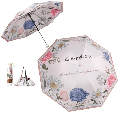 Meichoon UPF50+ Regenschirm mit einer Handtasche UV-Schutz Tragbarer leichter wasserdichter Doppelschicht-Sonnenschutz Verbessertes winddichtes Retro Klassische Blume Vintage-Stil für Frauen Reisen