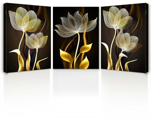 Leinwand Bilder 3er Set mit Rahmen – Goldene Blumen Wandbilder Modern, Kunstdruck auf Leinwand, Bilder für Wohnzimmer, Schlafzimmer oder Flur, mit fixierten Haken und ohne Spuren Nägeln, je 30x40 cm