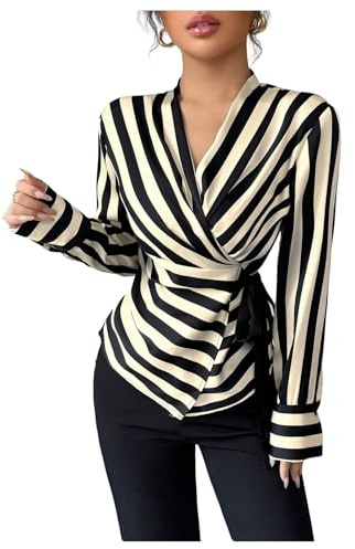 SweatyRocks Women's Long Sleeve Wrap V Neck Striped Blouse Tops Ruched Elegant Work Shirts Black and Apricot Medium