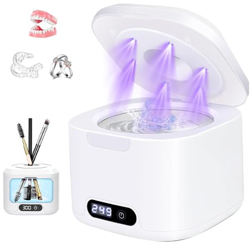BIZOI Ultraljudsrengöring, ultraljudsrengöring 340 ml, 40 W ultraljud tandrengöring, 49 000 Hz ultraljudsrengöring, ultraljudsrengöring med UV för tandproteser justerare hållare