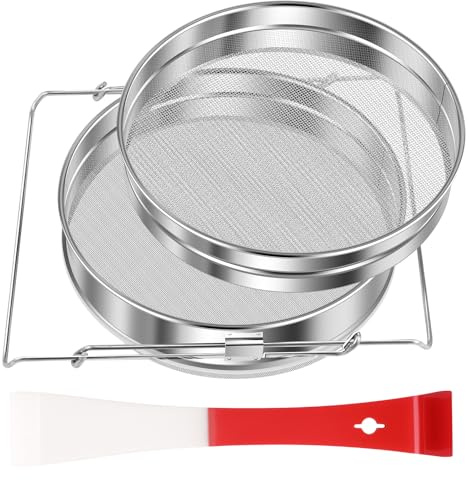 Doppelter Bienen-Sieb-Honigfilter mit ausziehbaren Armen und Schaber, Edelstahl-Honigfilter mit Sieb für 5-Gallonen-Eimer, sauberer Honig