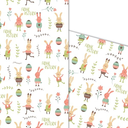 ArtUp 5 Bögen Osterpapier Geschenkpapier Oster-Einschlagpapier mit lustigen bunten Osterhasen in Pastellfarben für tolle Geschenke super DIY Bastelbögen Bogengröße DIN A2 42 x 59 cm