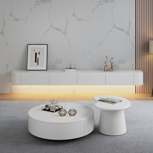 Btsunotr Schwebender TV-Ständer schwebender TV-Schrank Holz-Aufbewahrungsschrank unter dem TV modernes Entertainment-Unit mit 3/4 Stauraum Konsolen-Entertainment-Regal (White+LED, 200cm)