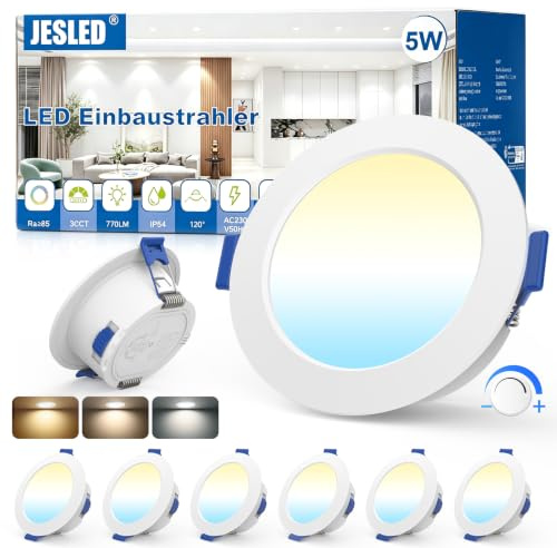 JESLED LED Einbaustrahler 230V Dimmbar, 68mm-78mm Lochmaß IP54 Deckenspots | 5W 770LM 3000K/4000K/6500K 3CCT Spots Deckenleuchte Für Badezimmer Küche Wohnzimmer, Einbauspots, Rund Weiss 6er Set